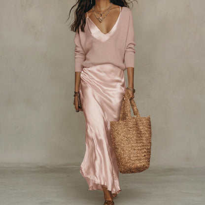 Elena | Vestido midi satinado con jersey incluido