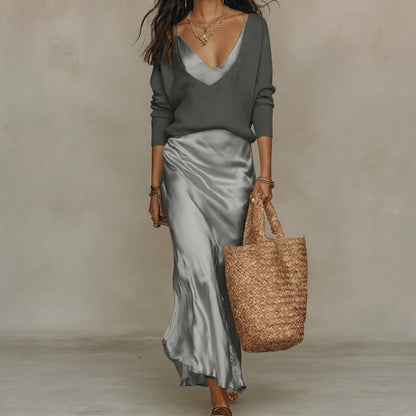 Elena | Vestido midi satinado con jersey incluido